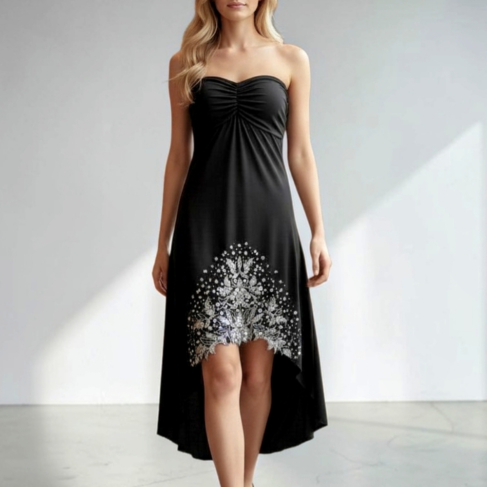 Sabora Black strapless midi dress w silver floral embroidery high-low hem Size L - Picture 9 of 9